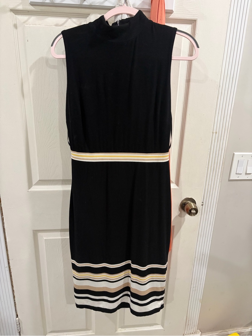 White House Black Market Black Midi Dress with Cream & Tan Stripes